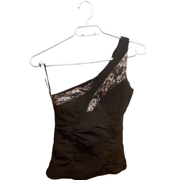 Black/Beige Medium Sized One Shoulder Strap Tank Top With Lace Detailing - Picture 3 of 3
